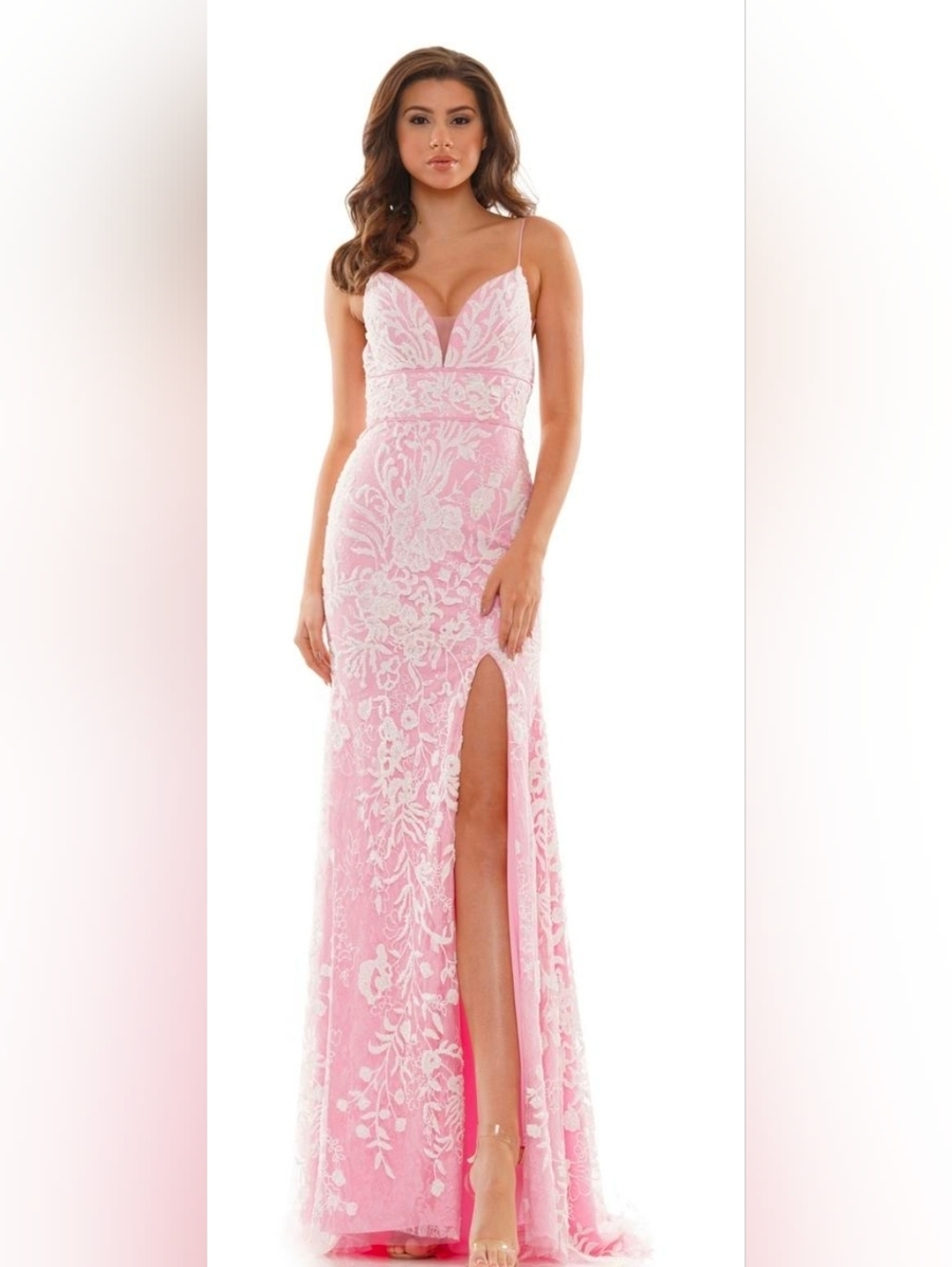 Glow by Colors NWT Pink Embroidered Lace Slit Train Maxi Dress Size 2 #G1076